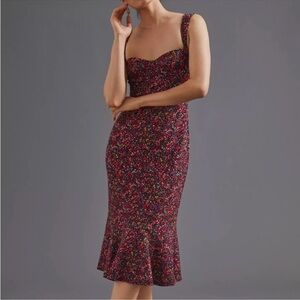 Anthropologie Hutch Sweetheart Midi Dress Floral Red Black